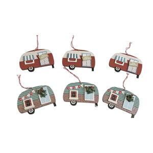 RV Retro Style‎ Camper Travel Christmas Ornaments Set Of 6 Blue Red Bling